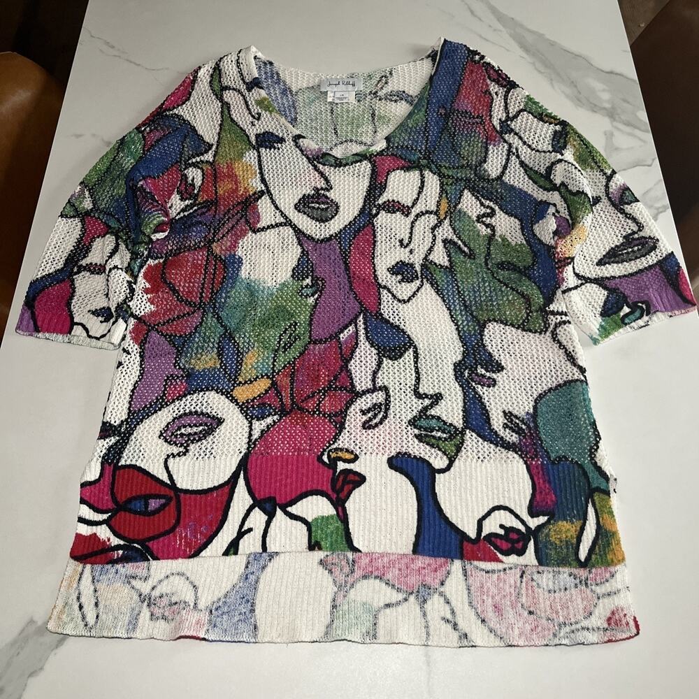 Joseph Ribkof  Multicolor Artistic Face Print Short Sleeve Tunic Sweater